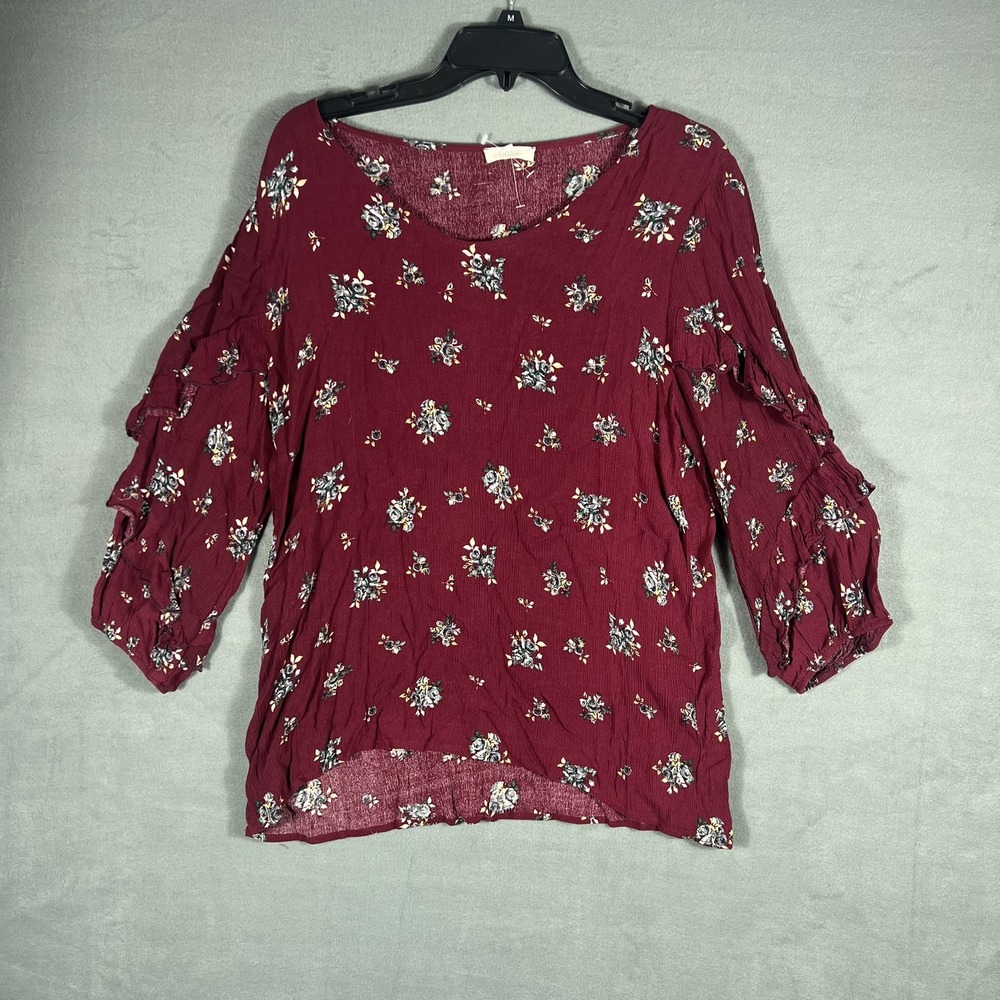ODDY Women's Large Red Floral Print Crinkle Rayon 3/4 Ruffle Sleeve Peasant